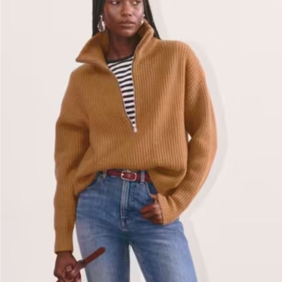 EVERLANE  Felted Merino Half-Zip Sweater DEEP CAMEL Size S - Picture 3 of 11